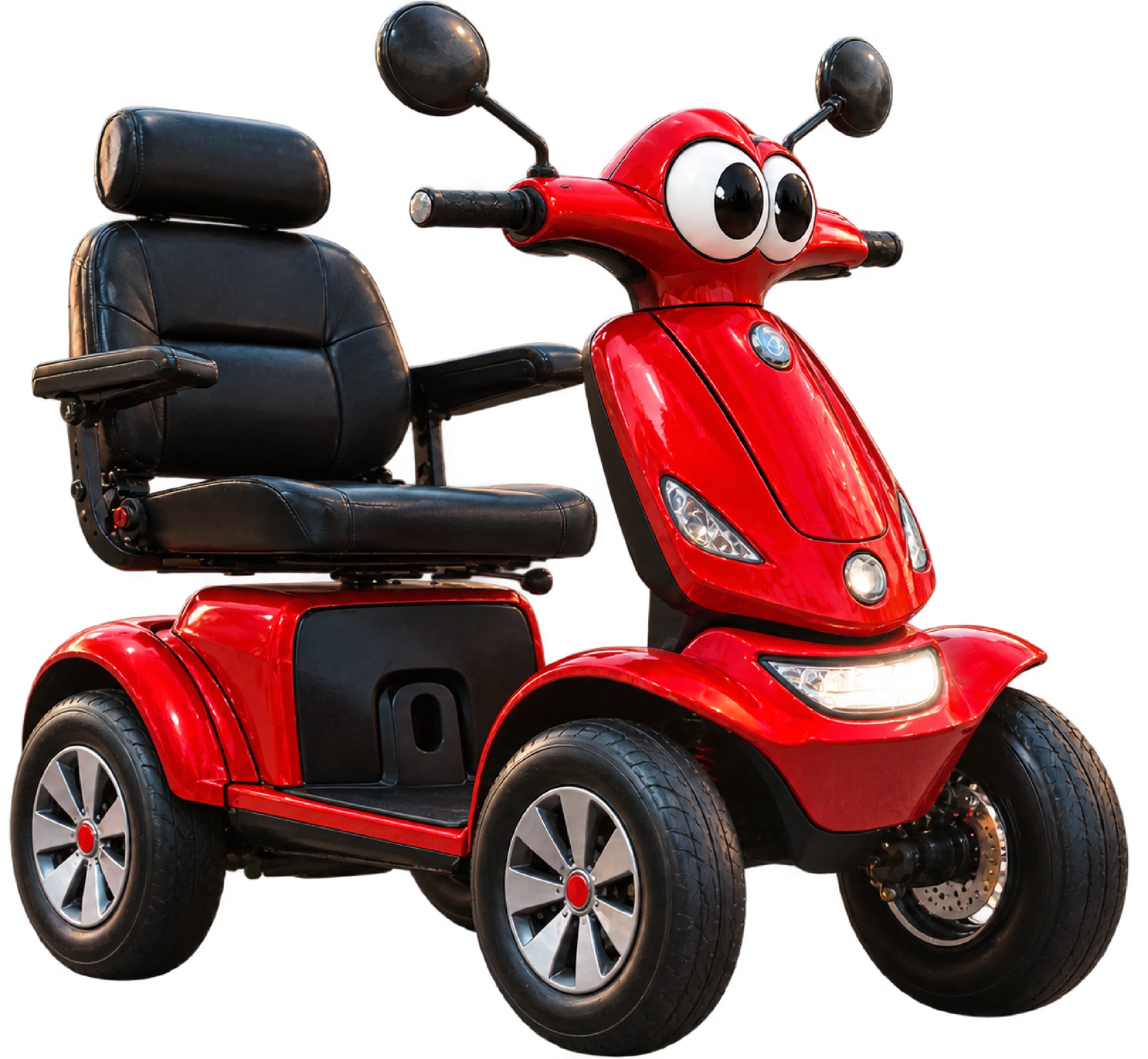 Smiling red ScootAround mobility scooter mascot